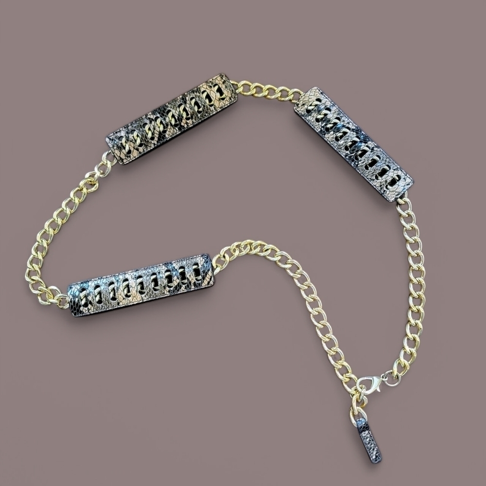 Gold Chain Belt with Leather Snake Print Accents
